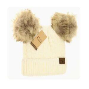 Cable Knit Double Pom Beanie Ivory